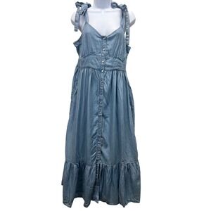 Levi's Katherine Large Denim Midi Dress Smocked Back Pearl Button Up Tiered Hem